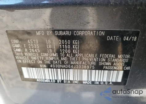 2018 Subaru Legacy 2.5I Premium from USA, damaged, VIN 4S3BNAD64J3038975